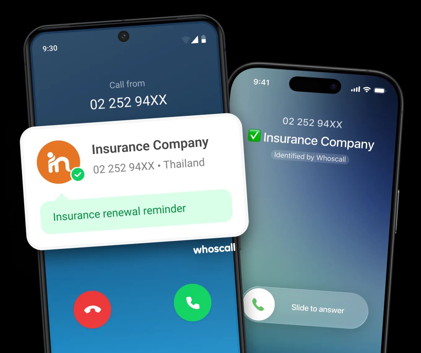 Two phones showing an incoming call from a verified Thai business, with the Whoscall caller-ID card displaying the brand name, number and call reason