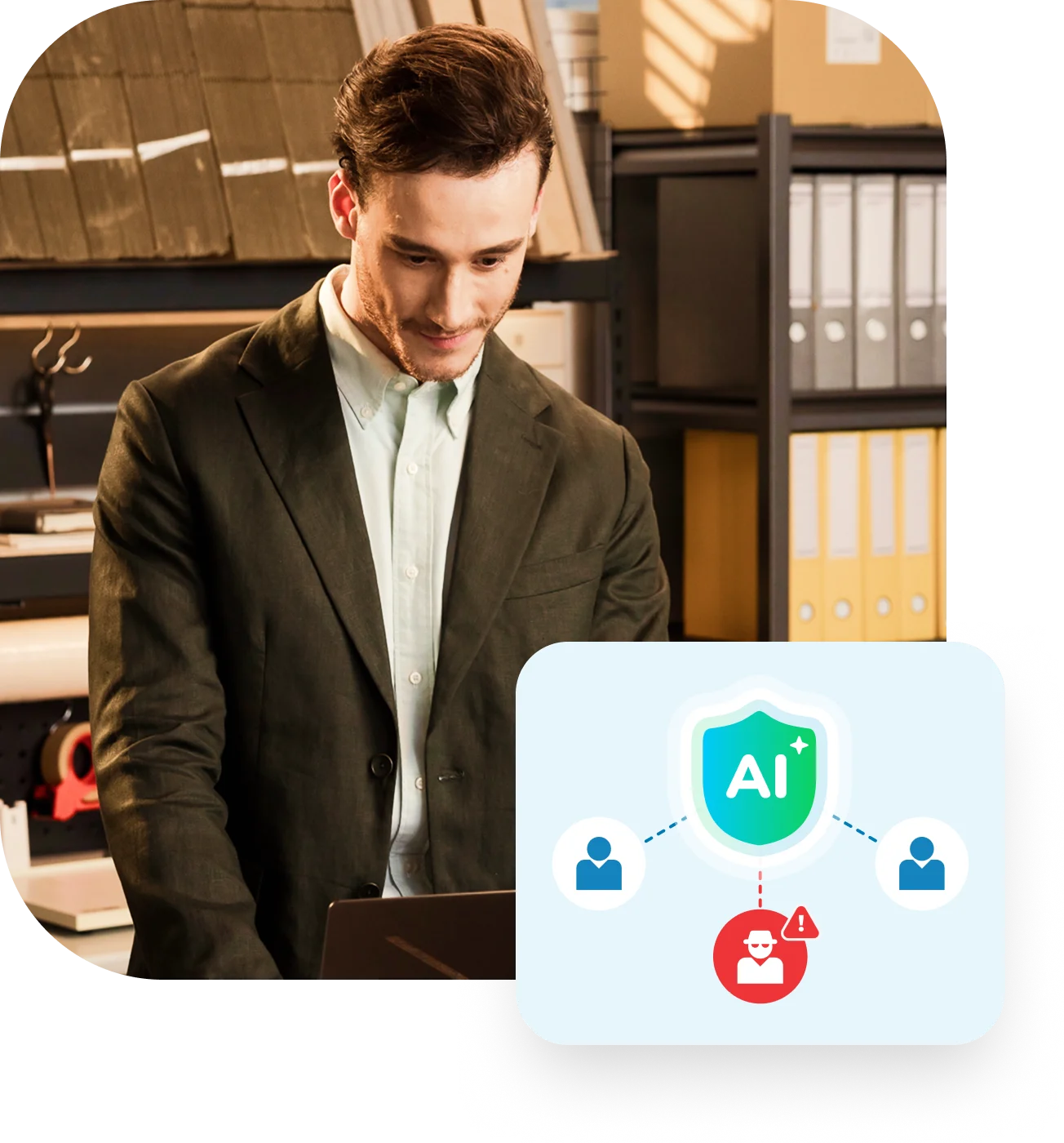 Business professional using a laptop with AI-powered anti-scam protection