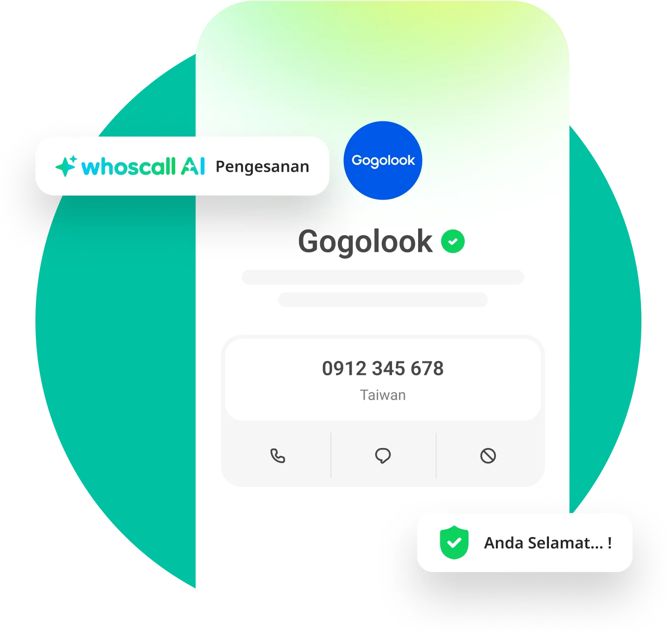 Keputusan semakan nombor telefon dalam aplikasi Whoscall